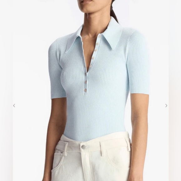 A.L.C. Tops - A.L.C. Pale Blue Ribbed Short Sleeve Polo Bodysuit